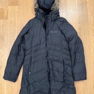 Marmot Charcoal Puffer Jacket with Faux Fur Hood